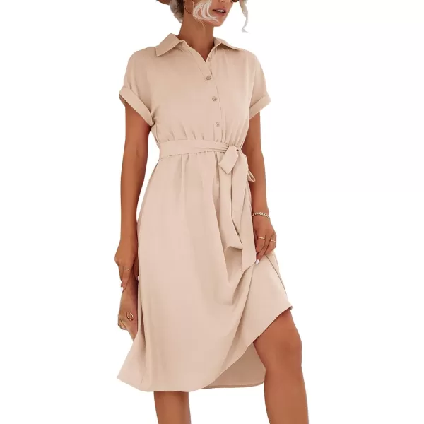 LYANER Women's Collar V Neck Button Front Tie Waist Short Sleeve Ruffle Hem Midi Dress