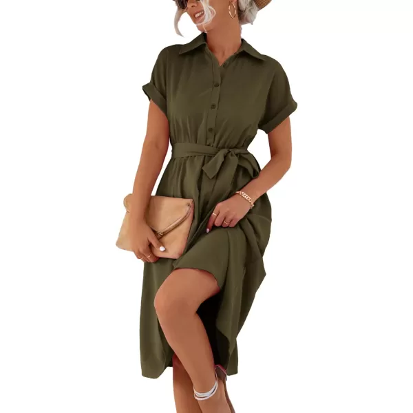 LYANER Women's Collar V Neck Button Front Tie Waist Short Sleeve Ruffle Hem Midi Dress