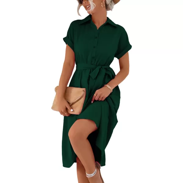 LYANER Women's Collar V Neck Button Front Tie Waist Short Sleeve Ruffle Hem Midi Dress