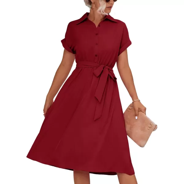 LYANER Women's Collar V Neck Button Front Tie Waist Short Sleeve Ruffle Hem Midi Dress