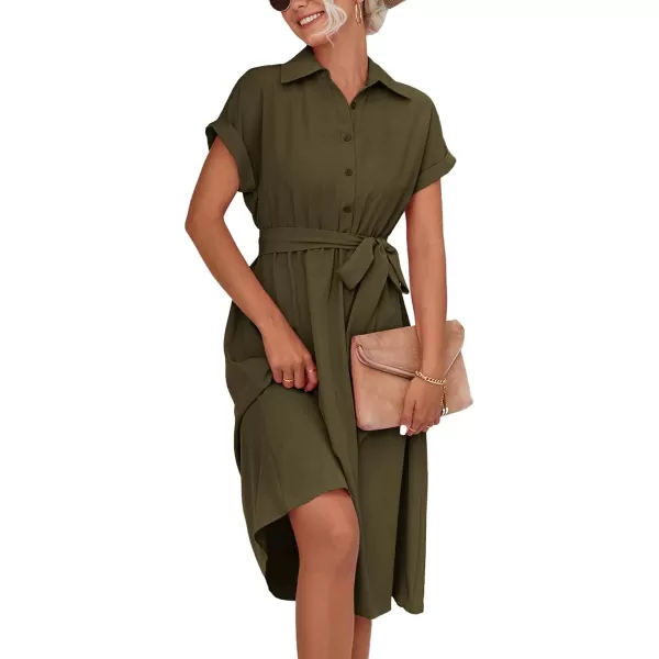 LYANER Women's Collar V Neck Button Front Tie Waist Short Sleeve Ruffle Hem Midi Dress