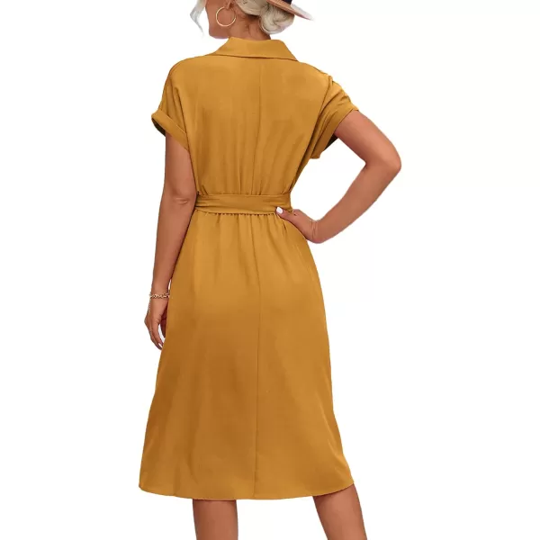 LYANER Women's Collar V Neck Button Front Tie Waist Short Sleeve Ruffle Hem Midi Dress