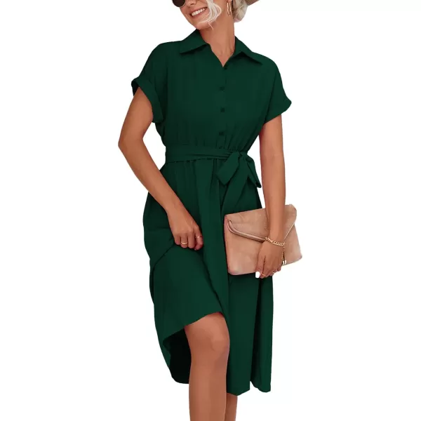LYANER Women's Collar V Neck Button Front Tie Waist Short Sleeve Ruffle Hem Midi Dress