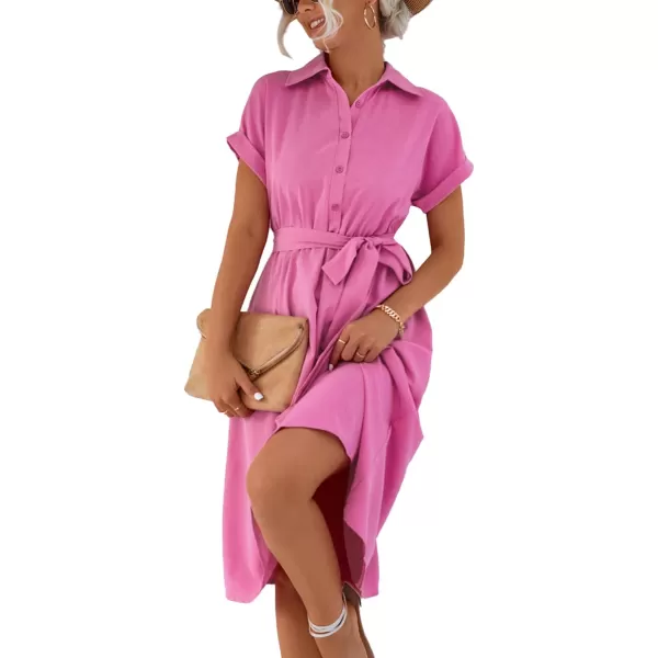LYANER Women's Collar V Neck Button Front Tie Waist Short Sleeve Ruffle Hem Midi Dress