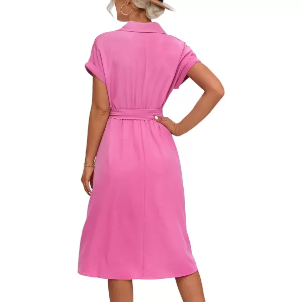 LYANER Women's Collar V Neck Button Front Tie Waist Short Sleeve Ruffle Hem Midi Dress