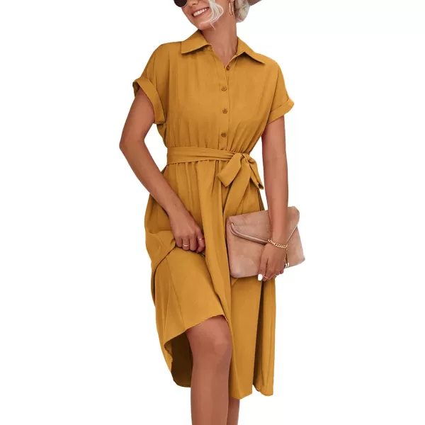 LYANER Women's Collar V Neck Button Front Tie Waist Short Sleeve Ruffle Hem Midi Dress