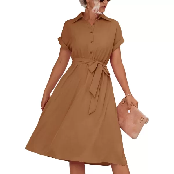 LYANER Women's Collar V Neck Button Front Tie Waist Short Sleeve Ruffle Hem Midi Dress