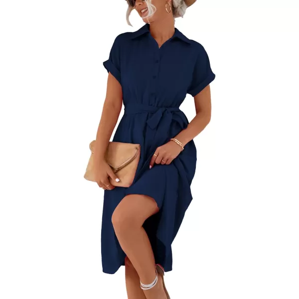 LYANER Women's Collar V Neck Button Front Tie Waist Short Sleeve Ruffle Hem Midi Dress