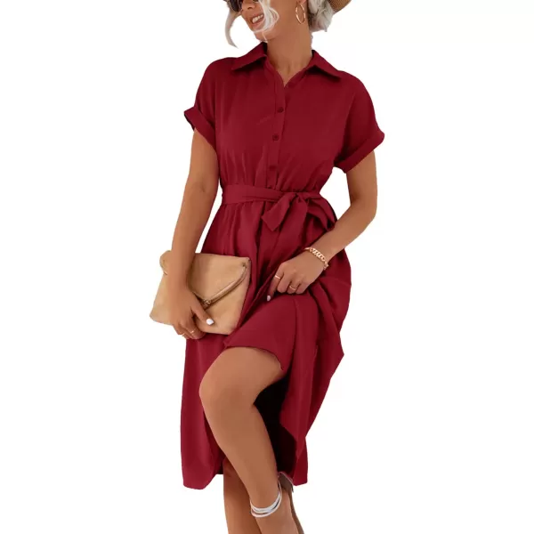 LYANER Women's Collar V Neck Button Front Tie Waist Short Sleeve Ruffle Hem Midi Dress