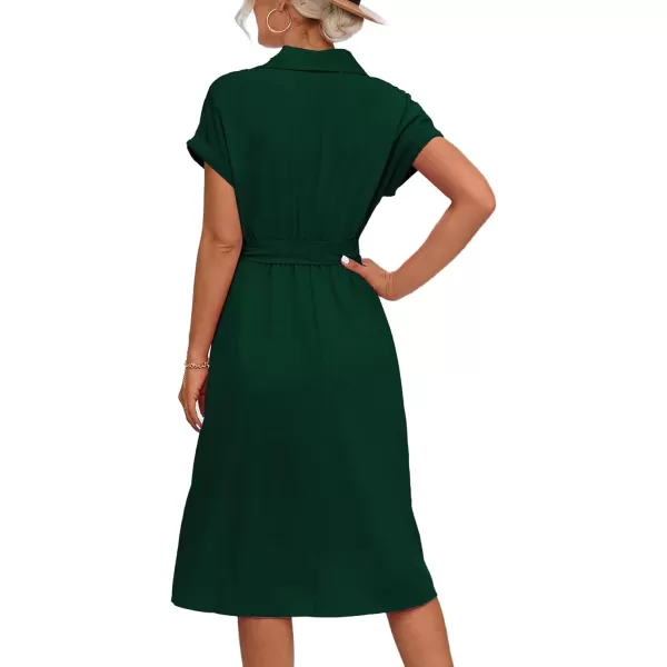 LYANER Women's Collar V Neck Button Front Tie Waist Short Sleeve Ruffle Hem Midi Dress