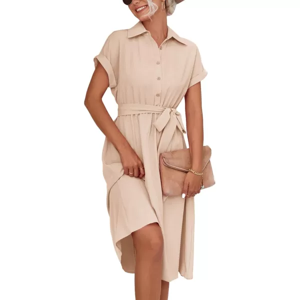 LYANER Women's Collar V Neck Button Front Tie Waist Short Sleeve Ruffle Hem Midi Dress