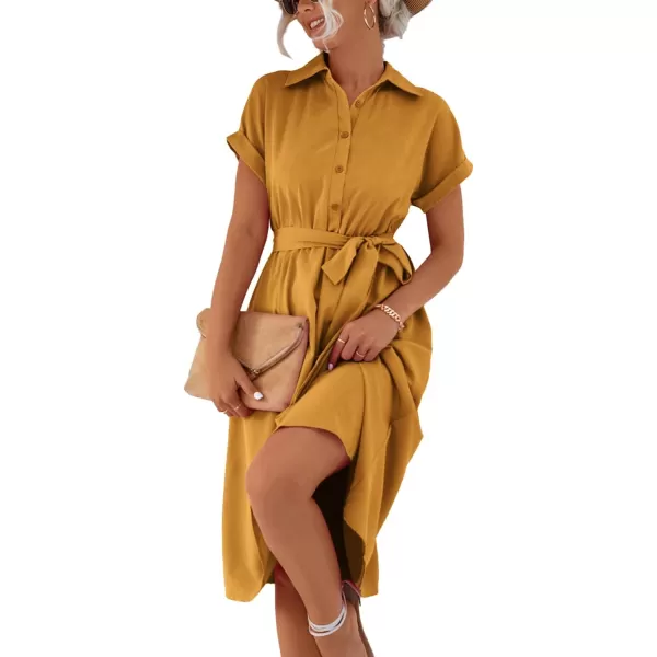 LYANER Women's Collar V Neck Button Front Tie Waist Short Sleeve Ruffle Hem Midi Dress