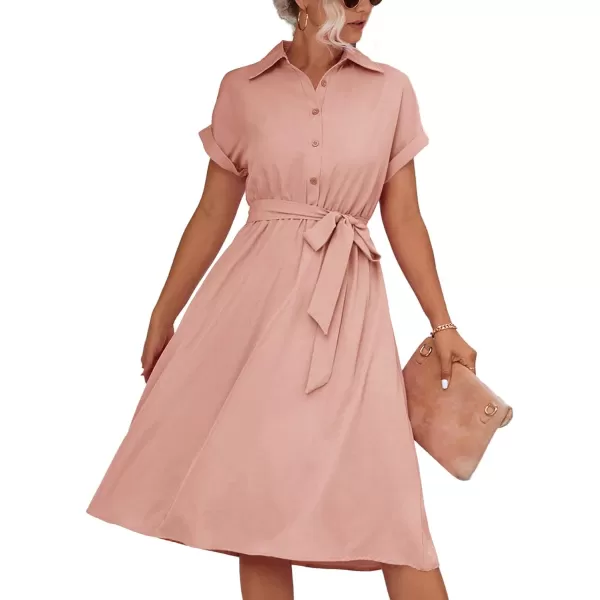 LYANER Women's Collar V Neck Button Front Tie Waist Short Sleeve Ruffle Hem Midi Dress