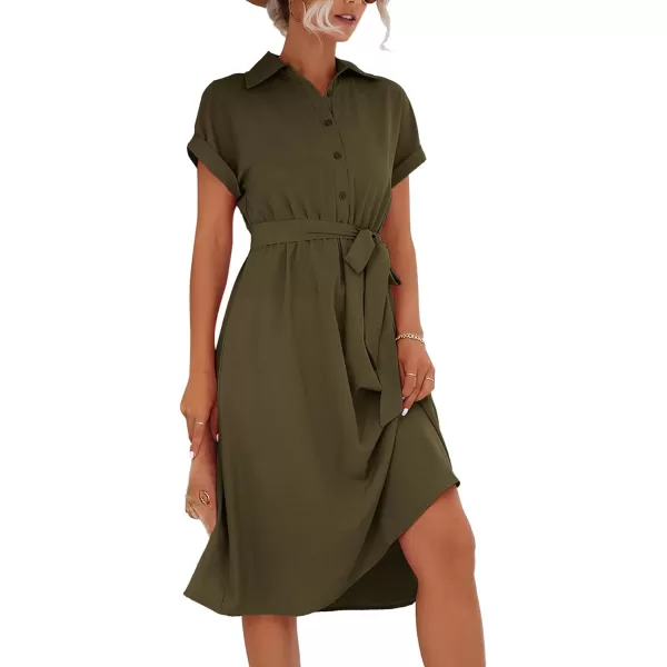 LYANER Women's Collar V Neck Button Front Tie Waist Short Sleeve Ruffle Hem Midi Dress