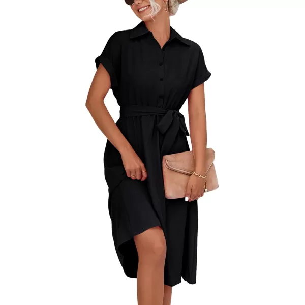 LYANER Women's Collar V Neck Button Front Tie Waist Short Sleeve Ruffle Hem Midi Dress