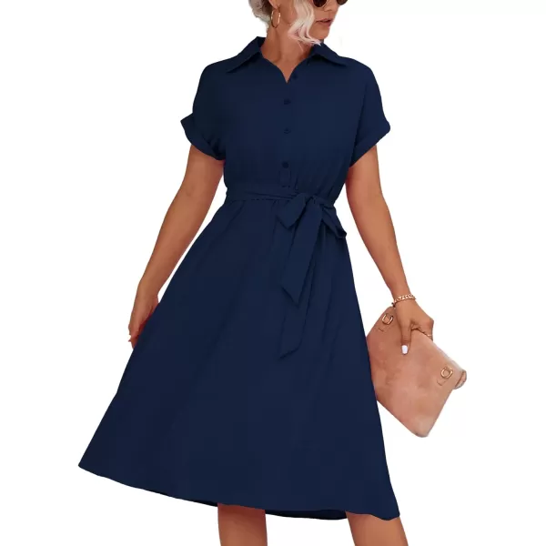 LYANER Women's Collar V Neck Button Front Tie Waist Short Sleeve Ruffle Hem Midi Dress