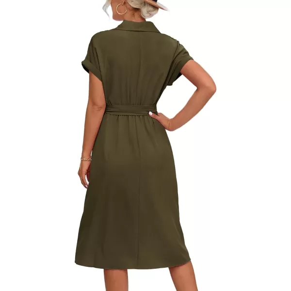 LYANER Women's Collar V Neck Button Front Tie Waist Short Sleeve Ruffle Hem Midi Dress