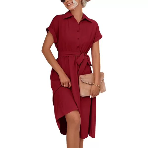 LYANER Women's Collar V Neck Button Front Tie Waist Short Sleeve Ruffle Hem Midi Dress