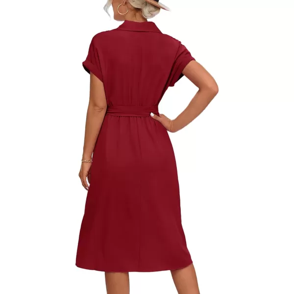 LYANER Women's Collar V Neck Button Front Tie Waist Short Sleeve Ruffle Hem Midi Dress