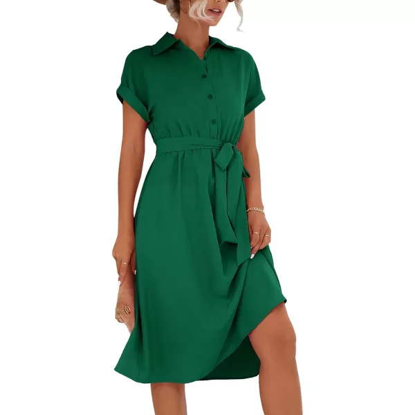 LYANER Women's Collar V Neck Button Front Tie Waist Short Sleeve Ruffle Hem Midi Dress
