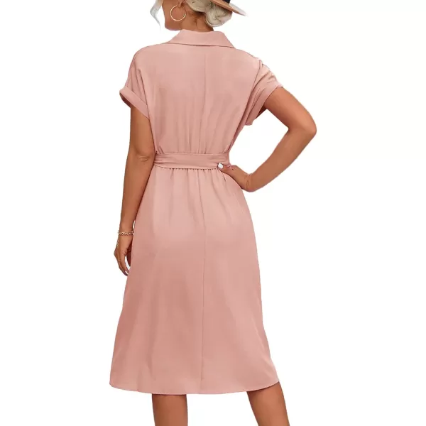 LYANER Women's Collar V Neck Button Front Tie Waist Short Sleeve Ruffle Hem Midi Dress