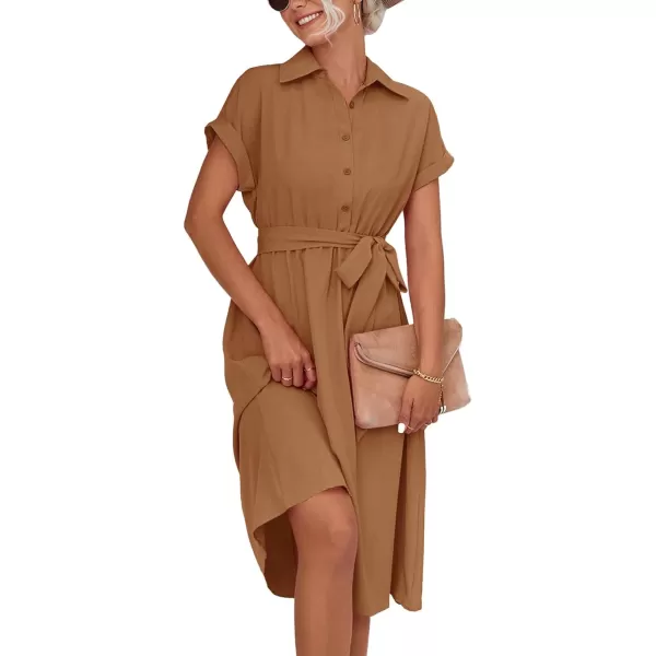 LYANER Women's Collar V Neck Button Front Tie Waist Short Sleeve Ruffle Hem Midi Dress