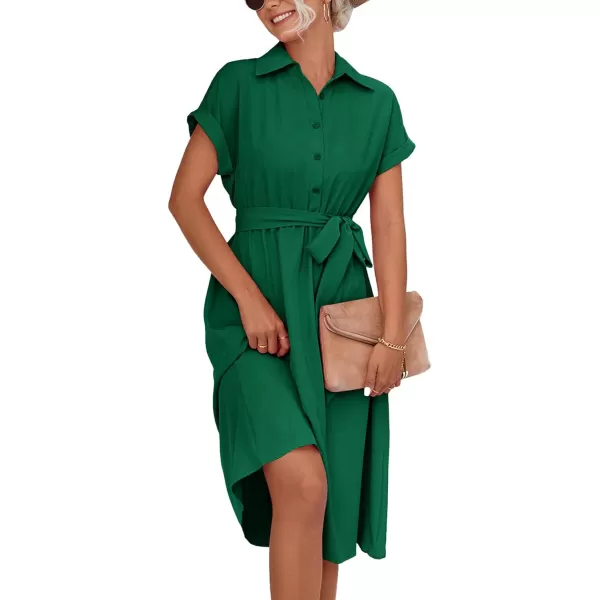 LYANER Women's Collar V Neck Button Front Tie Waist Short Sleeve Ruffle Hem Midi Dress