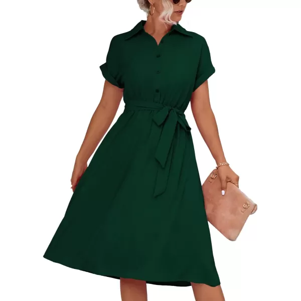 LYANER Women's Collar V Neck Button Front Tie Waist Short Sleeve Ruffle Hem Midi Dress