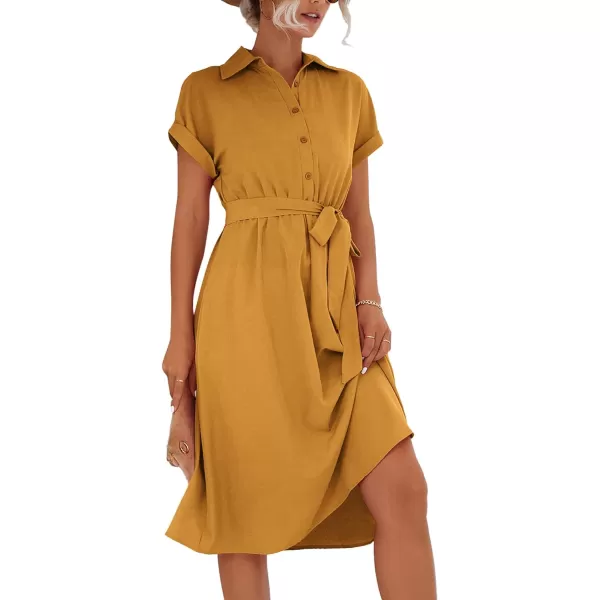 LYANER Women's Collar V Neck Button Front Tie Waist Short Sleeve Ruffle Hem Midi Dress