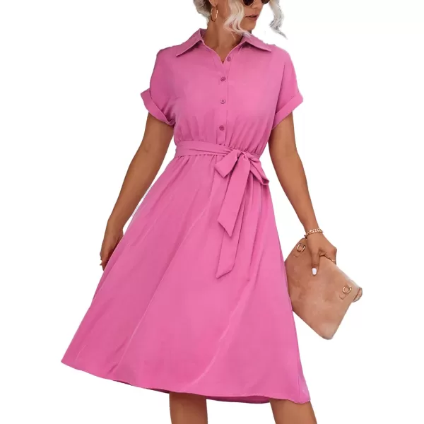 LYANER Women's Collar V Neck Button Front Tie Waist Short Sleeve Ruffle Hem Midi Dress