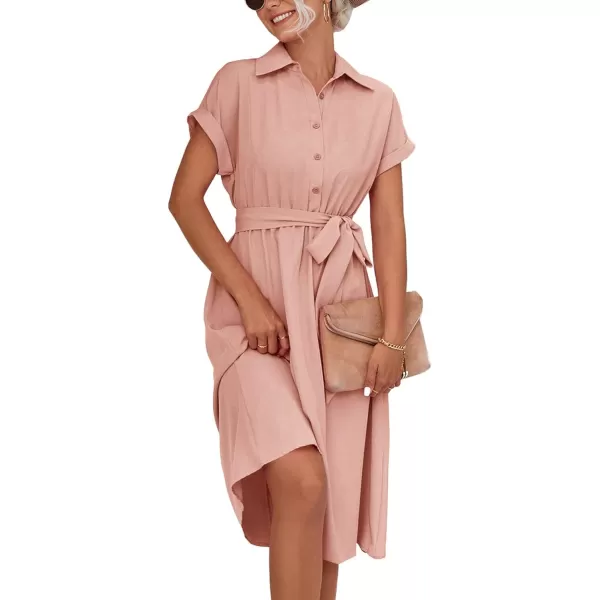 LYANER Women's Collar V Neck Button Front Tie Waist Short Sleeve Ruffle Hem Midi Dress
