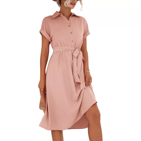 LYANER Women's Collar V Neck Button Front Tie Waist Short Sleeve Ruffle Hem Midi Dress