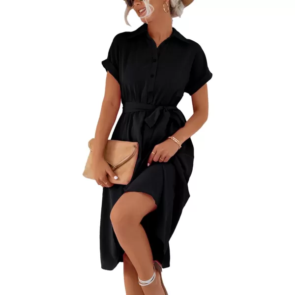LYANER Women's Collar V Neck Button Front Tie Waist Short Sleeve Ruffle Hem Midi Dress