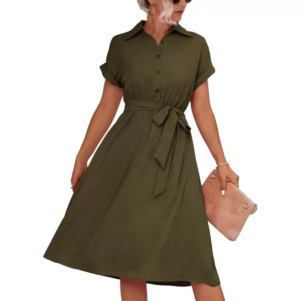 LYANER Women's Collar V Neck Button Front Tie Waist Short Sleeve Ruffle Hem Midi Dress