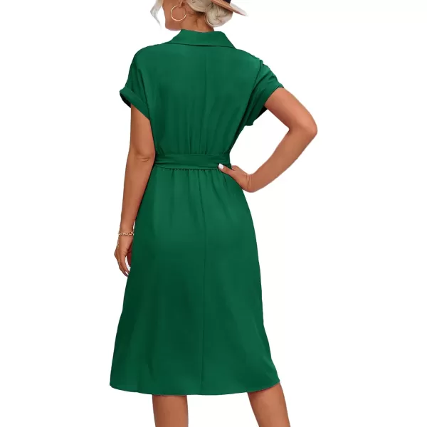 LYANER Women's Collar V Neck Button Front Tie Waist Short Sleeve Ruffle Hem Midi Dress