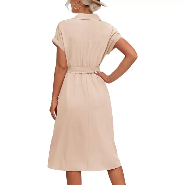 LYANER Women's Collar V Neck Button Front Tie Waist Short Sleeve Ruffle Hem Midi Dress