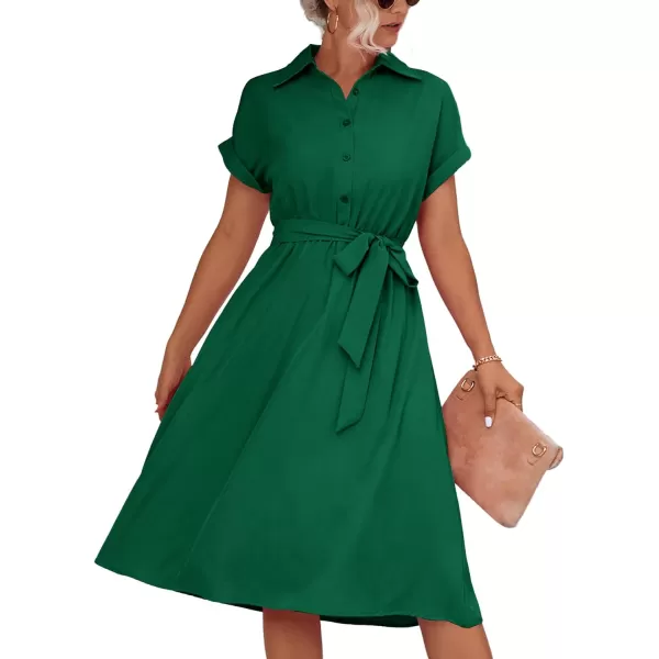 LYANER Women's Collar V Neck Button Front Tie Waist Short Sleeve Ruffle Hem Midi Dress