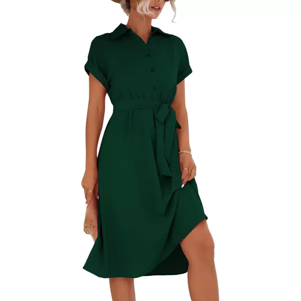 LYANER Women's Collar V Neck Button Front Tie Waist Short Sleeve Ruffle Hem Midi Dress