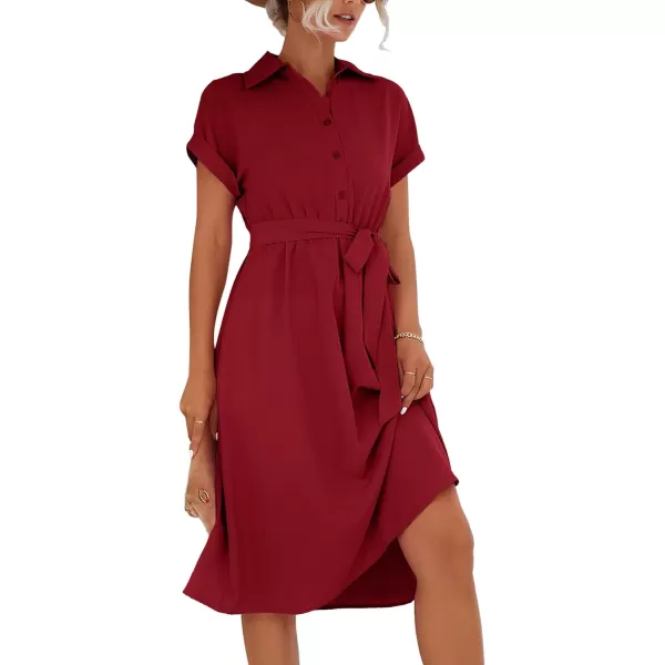 LYANER Women's Collar V Neck Button Front Tie Waist Short Sleeve Ruffle Hem Midi Dress