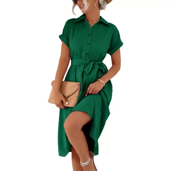 LYANER Women's Collar V Neck Button Front Tie Waist Short Sleeve Ruffle Hem Midi Dress