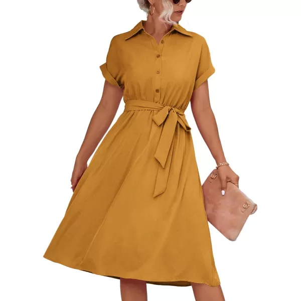 LYANER Women's Collar V Neck Button Front Tie Waist Short Sleeve Ruffle Hem Midi Dress