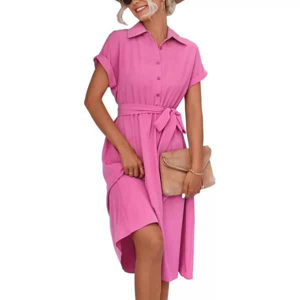 LYANER Women's Collar V Neck Button Front Tie Waist Short Sleeve Ruffle Hem Midi Dress