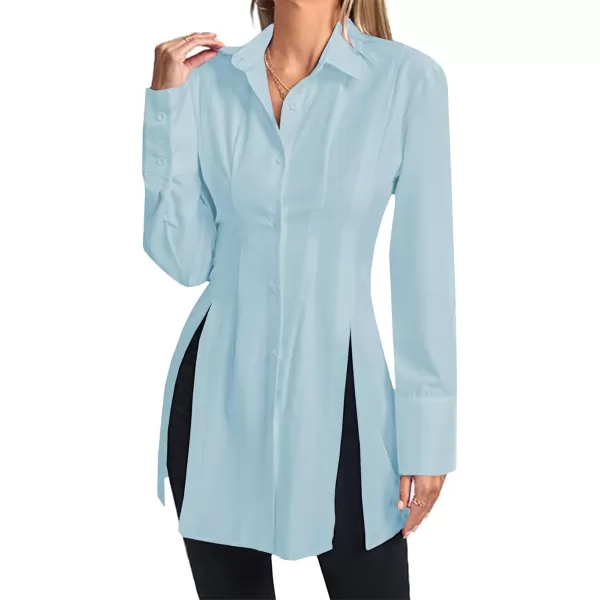 LYANER Women's Collar V Neck Long Sleeve Button Down Slit Hem Long Shirt Blouse Top