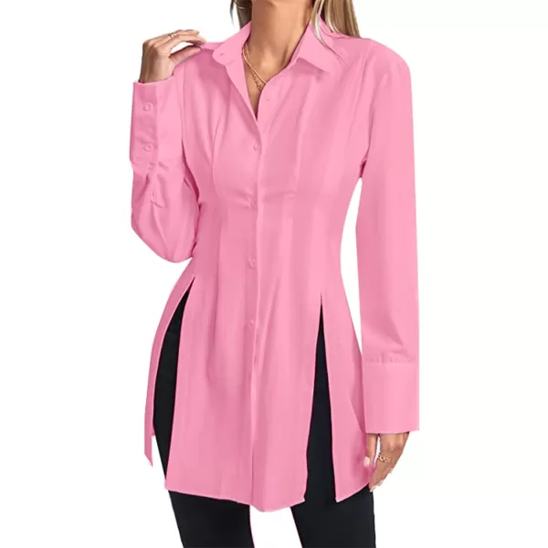 LYANER Women's Collar V Neck Long Sleeve Button Down Slit Hem Long Shirt Blouse Top