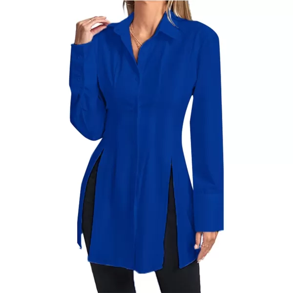 LYANER Women's Collar V Neck Long Sleeve Button Down Slit Hem Long Shirt Blouse Top