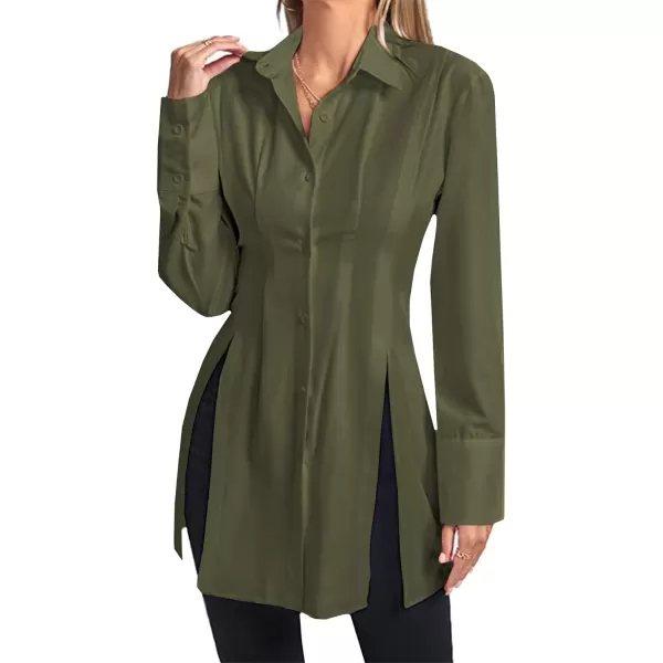 LYANER Women's Collar V Neck Long Sleeve Button Down Slit Hem Long Shirt Blouse Top