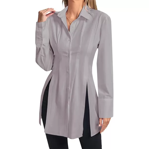 LYANER Women's Collar V Neck Long Sleeve Button Down Slit Hem Long Shirt Blouse Top