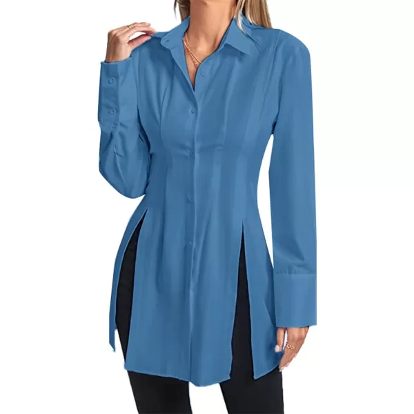 LYANER Women's Collar V Neck Long Sleeve Button Down Slit Hem Long Shirt Blouse Top