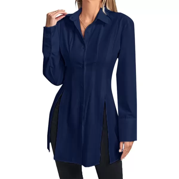 LYANER Women's Collar V Neck Long Sleeve Button Down Slit Hem Long Shirt Blouse Top