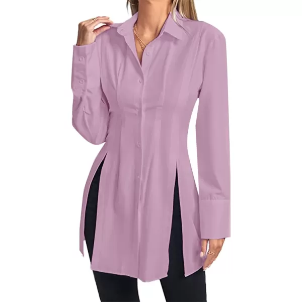 LYANER Women's Collar V Neck Long Sleeve Button Down Slit Hem Long Shirt Blouse Top